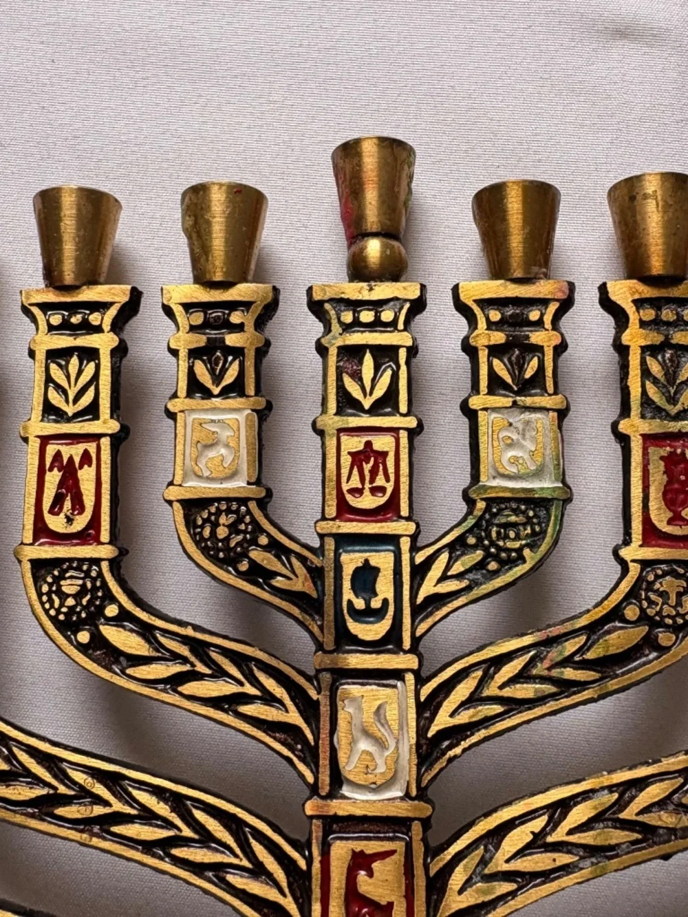 Vtg Israel Brass Enamel Hanukkah Menorah 9 Branch 12 Tribes Judaica Mid-Century